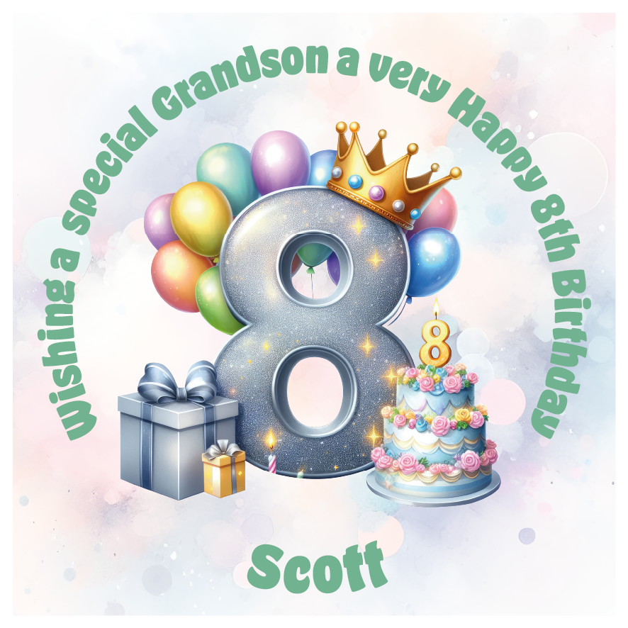 Happy 8th birthday card with number '8', crown, balloons, cake, and gift on a light background. Personalised with name age and relation.