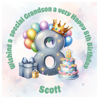 Happy 8th birthday card with number '8', crown, balloons, cake, and gift on a light background. Personalised with name age and relation.