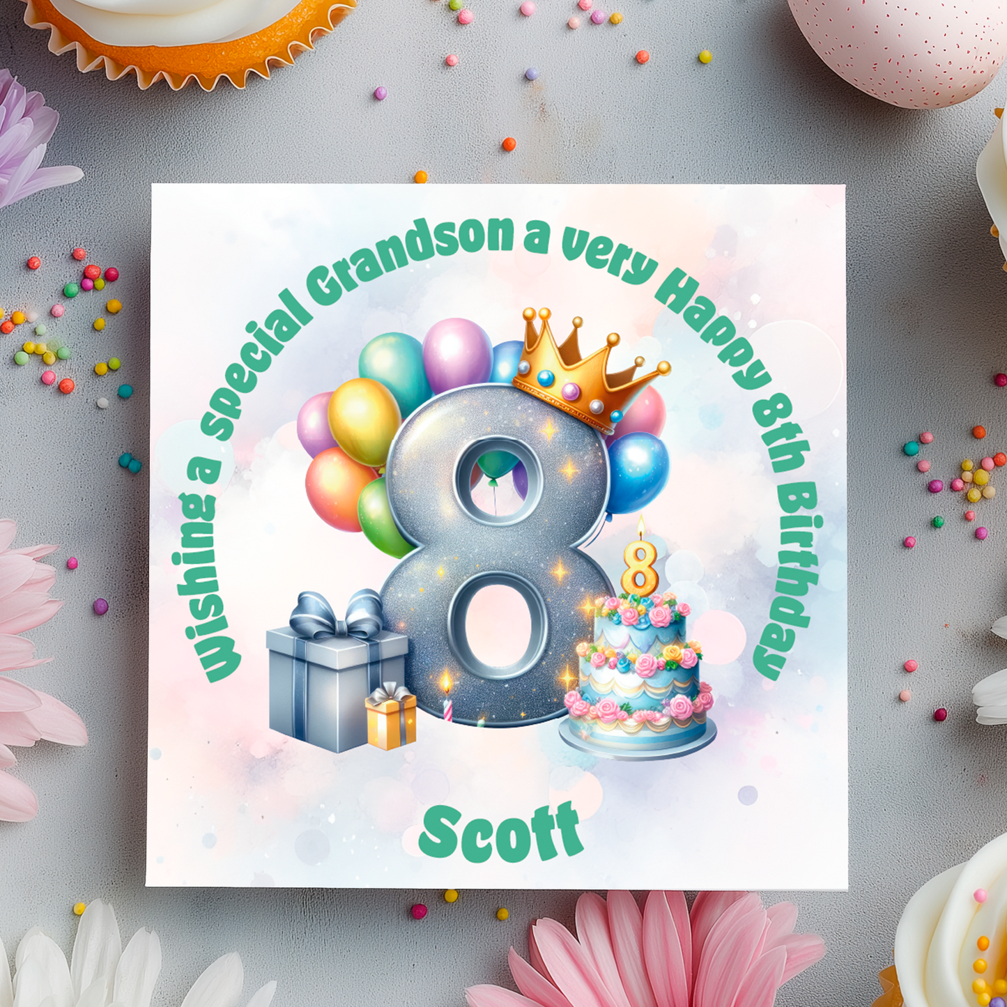Birthday card with number 8, balloons, and cake on a decorative background