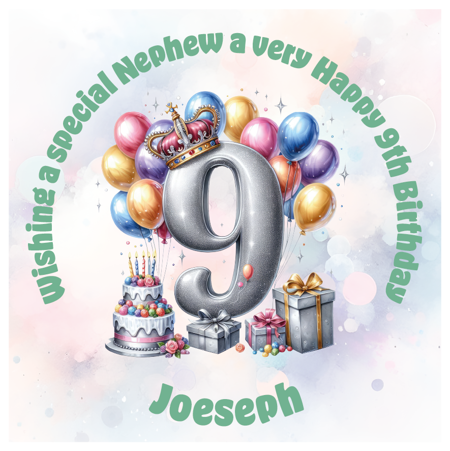 Happy 9th birthday card with number '9', crown, balloons, cake, and gift on a light background. Personalised with name age and relation.