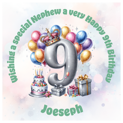 Happy 9th birthday card with number '9', crown, balloons, cake, and gift on a light background. Personalised with name age and relation.