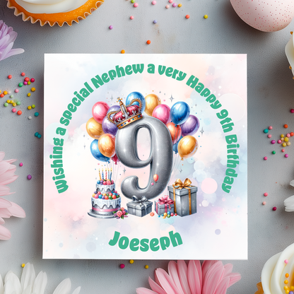 9th Birthday card with a number 9,colorful balloons, cake, and crown on a decorative background with flowers and candies.