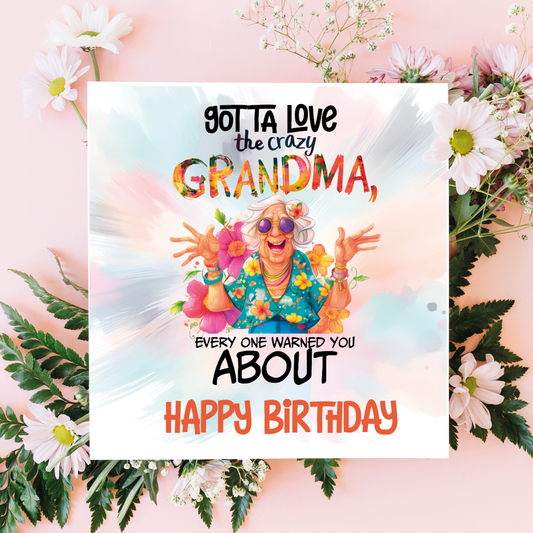 Birthday card with colorful grandma illustration and floral decorations on a pink background